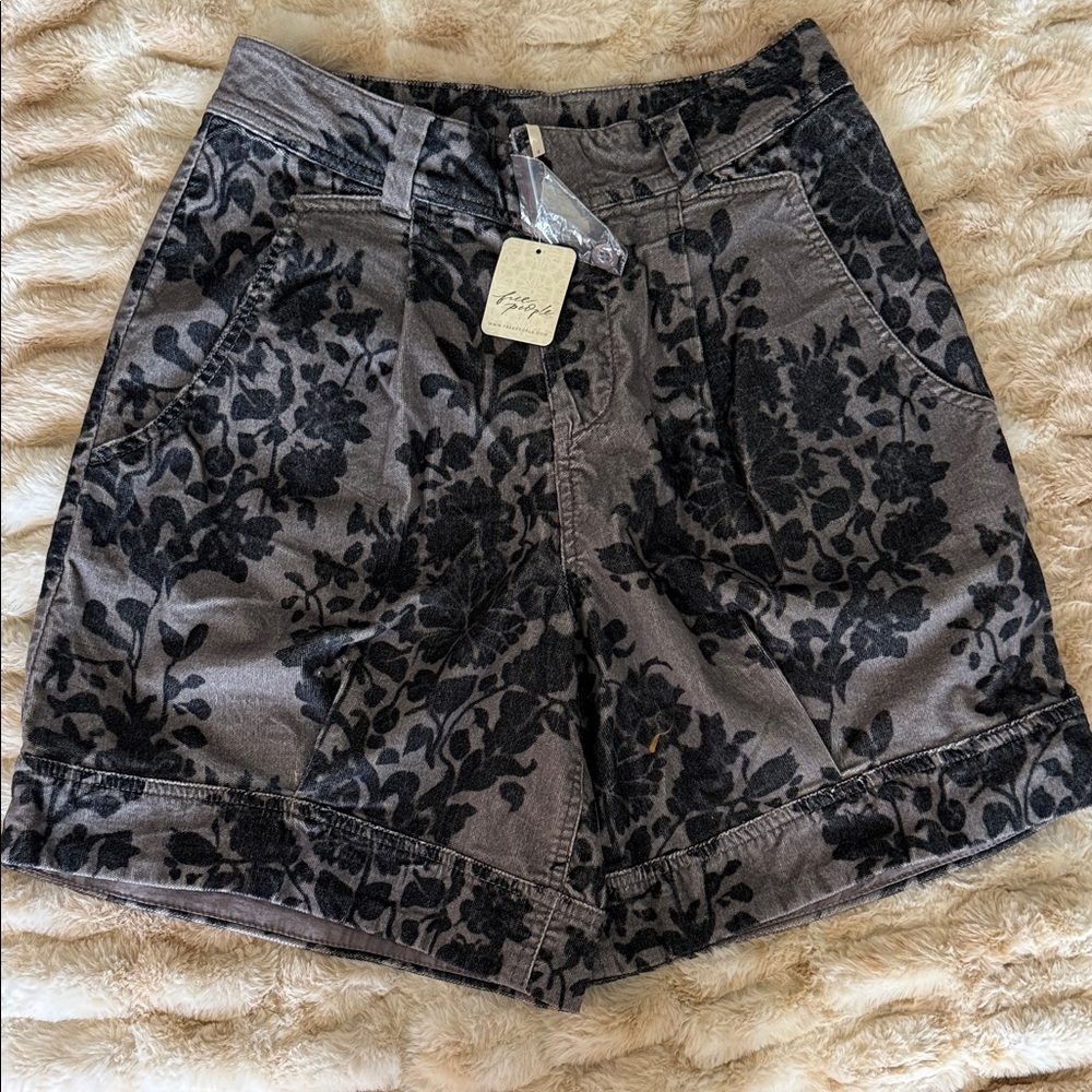 Free People Black Floral Print Gray High-Rise Shorts